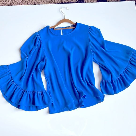 Zara royal blue blouse with gorgeous feminine bell sleeves with ruffle - Picture 3 of 12